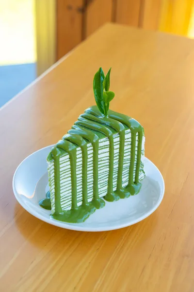 Matcha Green Tea Crepe Cake White Plate — Stock Photo, Image