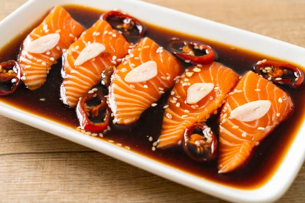 Salmon marinated shoyu or salmon pickled soy sauce in Korean style