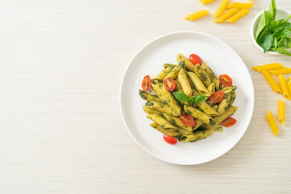 Penne Pasta Pesto Sauce Tomatoes Vegan Vegetarian Food Style — Stock Photo, Image