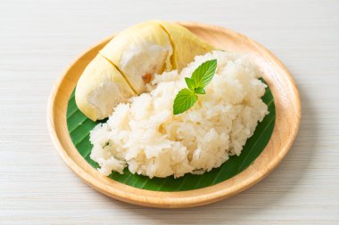 Yapışkan pirinçli Durian - sarı fasulyeli tatlı Durian kabuğu, hindistan cevizi sütüyle pişirilmiş olgun Durian pirinci - Asya Tayland tatlı yaz tropikal meyvesi