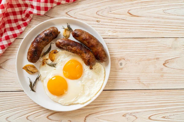 Homemade Double Fried Egg Fried Pork Sausage Breakfast — Stock Photo, Image