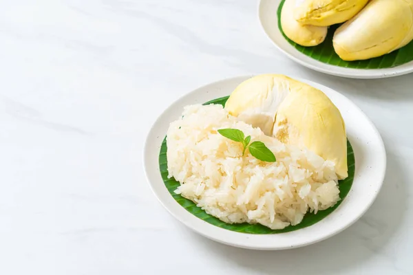 stock image Durian with sticky rice -  sweet durian peel with yellow bean, Ripe durian rice cooked with coconut milk - Asian Thai dessert summer tropical fruit food