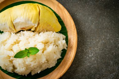 Yapışkan pirinçli Durian - sarı fasulyeli tatlı Durian kabuğu, hindistan cevizi sütüyle pişirilmiş olgun Durian pirinci - Asya Tayland tatlı yaz tropikal meyvesi