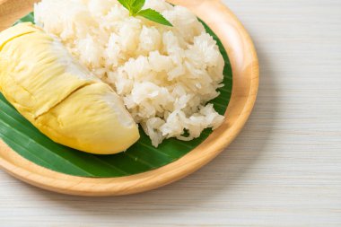 Yapışkan pirinçli Durian - sarı fasulyeli tatlı Durian kabuğu, hindistan cevizi sütüyle pişirilmiş olgun Durian pirinci - Asya Tayland tatlı yaz tropikal meyvesi