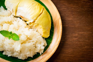 Yapışkan pirinçli Durian - sarı fasulyeli tatlı Durian kabuğu, hindistan cevizi sütüyle pişirilmiş olgun Durian pirinci - Asya Tayland tatlı yaz tropikal meyvesi