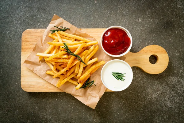 French Fries Potato Chips Sour Cream Ketchup — Stock Photo, Image