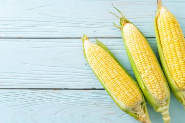 fresh corn on wood background with copy space