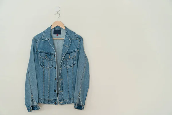 Jacket Jean Hanging Wood Hanger Wall — 스톡 사진