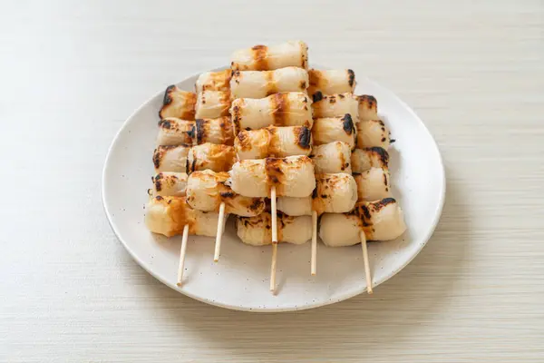 Grilled Tube Shaped Fish Paste Cake Tube Squid Skewer Plate — Stock Photo, Image