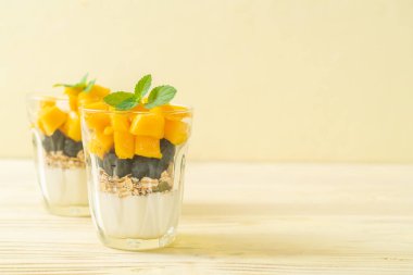 Ev yapımı taze mango ve yoğurt ve granola ile taze yaban mersini. Sağlıklı yemek tarzı.