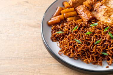 Jajangmyeon or JJajangmyeon with Odeng and Omuk - Korean Instant noodles with Korean fish cake in black bean sauce - Korean food style