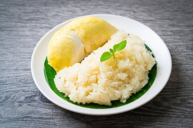 Yapışkan pirinçli Durian - sarı fasulyeli tatlı Durian kabuğu, hindistan cevizi sütüyle pişirilmiş olgun Durian pirinci - Asya Tayland tatlı yaz tropikal meyvesi