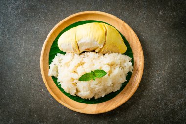 Yapışkan pirinçli Durian - sarı fasulyeli tatlı Durian kabuğu, hindistan cevizi sütüyle pişirilmiş olgun Durian pirinci - Asya Tayland tatlı yaz tropikal meyvesi