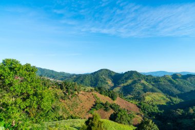 Tayland 'daki Chiang Rai' de mavi gökyüzü olan güzel dağ tepesi tabakası.
