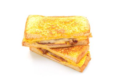 French toast ham bacon cheese sandwich with egg isolated on white background clipart