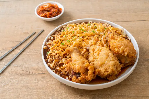 stock image Korean instant noodles with fried chicken or Fried chicken ramyeon - Korean food style