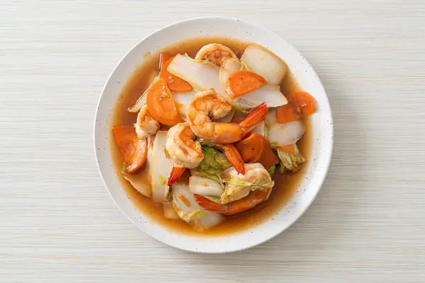 stock image stir-fried Chinese cabbage with shrimps on plate