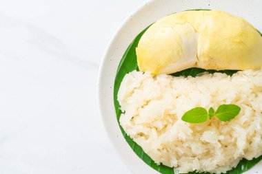 Yapışkan pirinçli Durian - sarı fasulyeli tatlı Durian kabuğu, hindistan cevizi sütüyle pişirilmiş olgun Durian pirinci - Asya Tayland tatlı yaz tropikal meyvesi