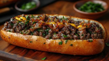 Lezzetli, taze, sotelenmiş soğan, baharatlı sığır eti, erimiş peynir ve bir tutam hardal serpiştirilmiş uzun rulo soslu etli sandviç..