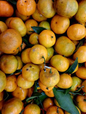 Parlak, saplı portakal yığınları marketten toplandı.