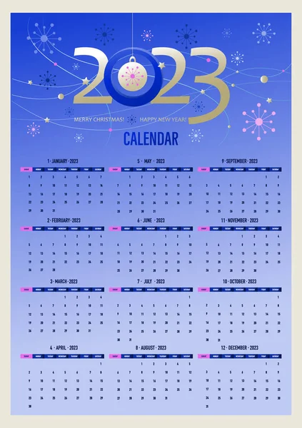 Kalendarz 2023 Abstrakcyjny Wystrój Płatkami Śniegu Gwiazdkami Światełkiem Świątecznym Elegancki — Wektor stockowy