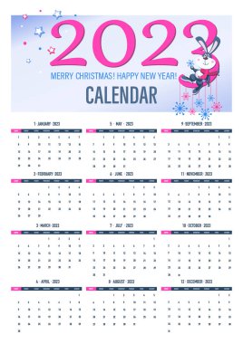 Takvim 2023. Siyah tavşan. Yeni yılın sembolü olarak. Şirin Tavşan 2023 numaraların üzerinde oturuyor. Çin takvimindeki tavşan. Hafta pazar günü başlıyor. Vektör illüstrasyonu