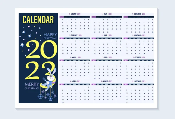 Kalendář 2023 Roztomilý Králík Horizontální Kalendář Stránky Pro Plánování Design — Stockový vektor