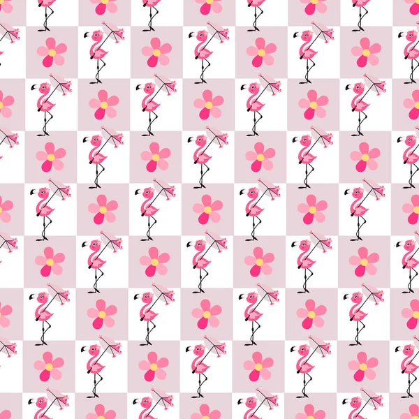 Roze Flamingo Vector Checkte Achtergrond Ontwerp Voor Kinderkleding Behang Verpakkingsmateriaal — Stockvector