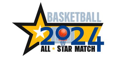 Star match. 2024. Basketball game, competition. Emblem design with a star, a basketball net for a t shirt, a scarf, attributes for basketball fans on a light background. Vector illustration.  clipart