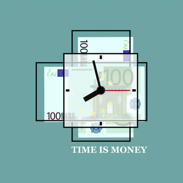 100 Банкноты Купюры Часы Время Деньги Несколько Евро Циферблатом Зеленом — стоковый вектор