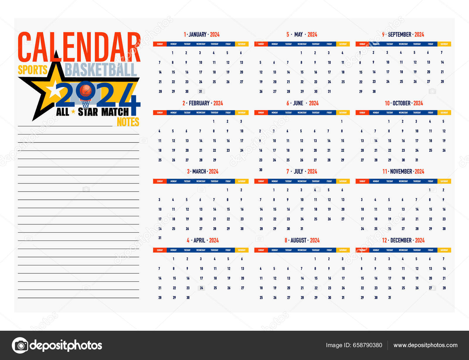 Sports Calendar 2025 Vector Template Basketball Competitions Planner