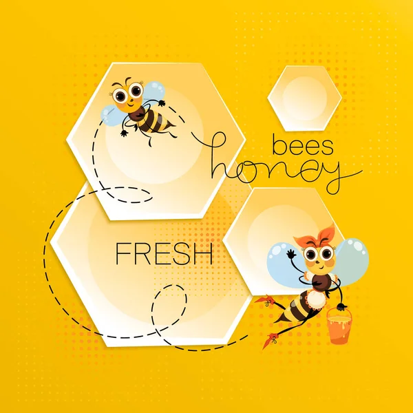 Свежий Мед Милые Мультяшные Пчёлы Соты Соты Фон Векторной Пчелы — стоковый вектор