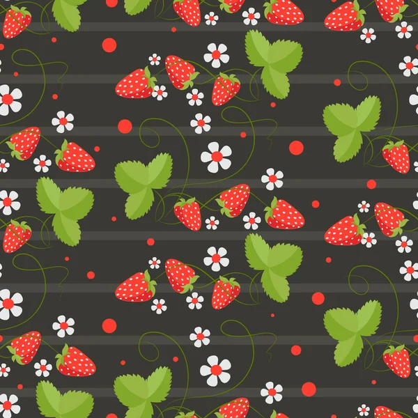 Erdbeere Walderdbeere Beerengestreifter Hintergrund Mit Blüten Waldbeeren Blättern Vektor Nahtlose — Stockvektor