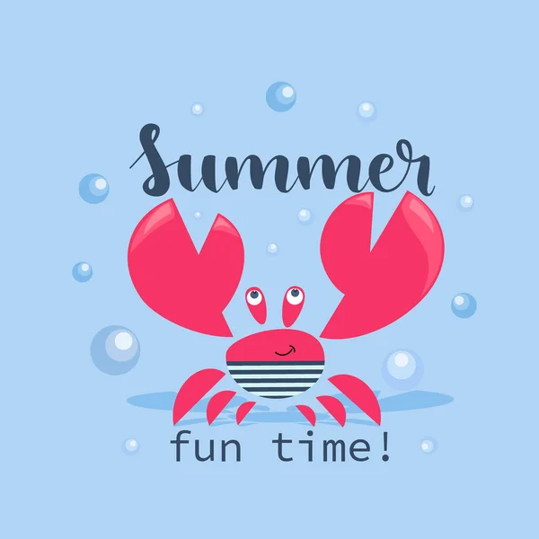 Netter Krabbensegler Crab Print Design Mit Slogan Sommer Spaßzeit Strandsaison — Stockvektor