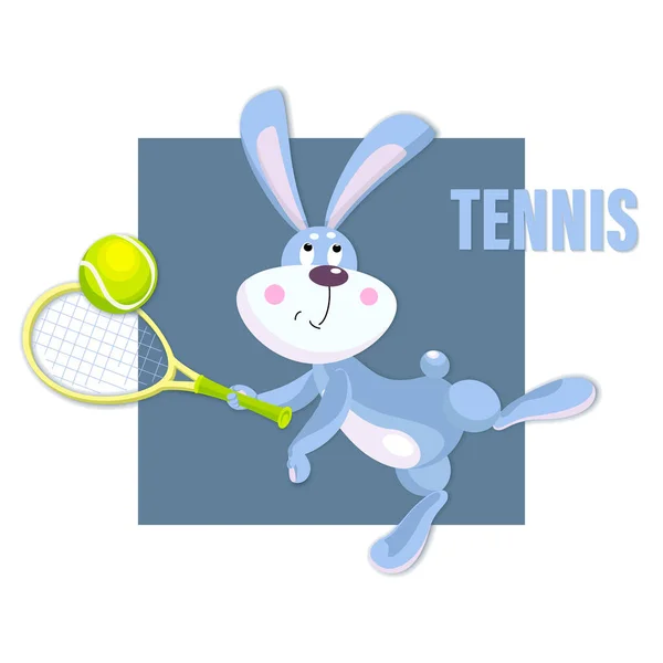 Cute Hare Bunny Tennis Player Vector Rabbit Racket Tennis Ball — Stock Vector