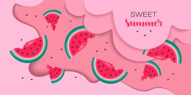 Karpuz arka planı. Kağıt kesim stili. Kağıttan kesilmiş dalgalardaki karpuz dilimleri. Güzel yaz. Reklam afişi, afiş, satış için tasarım. Vektör illüstrasyonu