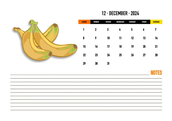 Ripe Banana December Month 2024 Healthy Food Calendar Template Page — Stock Vector
