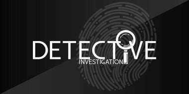 Dedektif soruşturması. Logo, amblem. Poster, kartvizit, parmak izi olan bir dedektiflik bürosunun web sitesi, başlığında da bir büyüteç. Vektör illüstrasyonu