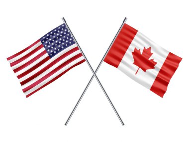 Beyaz arka planda Kanada ve Amerika Birleşik Devletleri bayrakları.