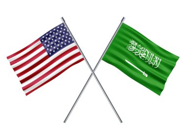 Bayraklarda Suudi Arabistan ve Suudi Arabistan bayrağı var. 3d illüstrasyon