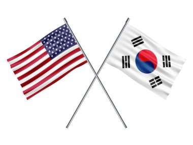 Güney Kore ve Amerika 'nın bayrakları ve beyaz arka planda Kuzey Amerika. 3d oluşturma