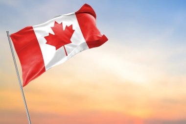 Kanada bayrağı gökyüzünde dalgalanıyor, Kanada. 3d oluşturma