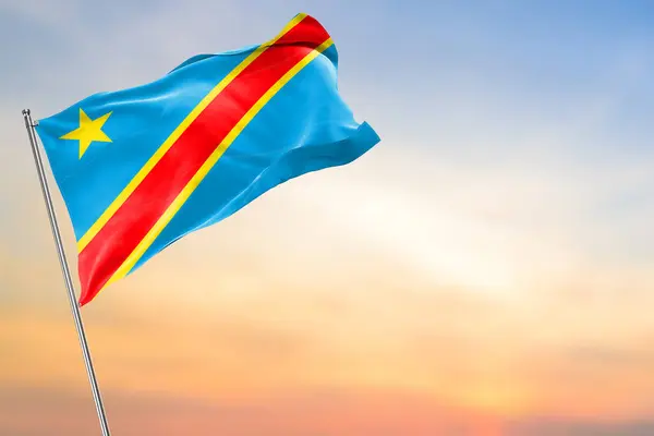 Zászló Kongói Demokratikus Köztársaság Integetett Kék Naplemente Háttér Tetemeltakarítás — Stock Fotó