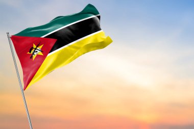 Mozambik 'in güzel bayrağı gökyüzü arka planında rüzgarda dalgalanıyor. 3d illüstrasyon