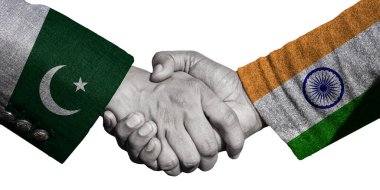 Hindistan ve Pakistan bayrağı beyaz arka planda iki tokalaşma el sıkışması, 3 boyutlu resim