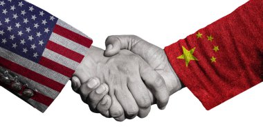 İki erkek tokalaşması ve Amerika Birleşik Devletleri. Çin ilişkileri ve arkadaşlık. Çin ve Amerika arasında bir porselen. 3d illüstrasyon