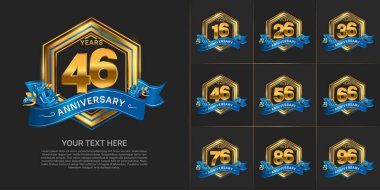 set of anniversary with gold color and blue ribbon can be use for celebration event clipart