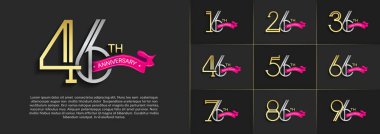 set of anniversary logotype silver and golden color with pink ribbon on black color background for special celebration event clipart