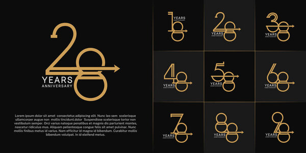 set of anniversary logotype golden and white color with arrow for special celebration event