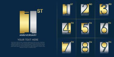 set of anniversary logotype gold and silver color in square for special celebration event clipart